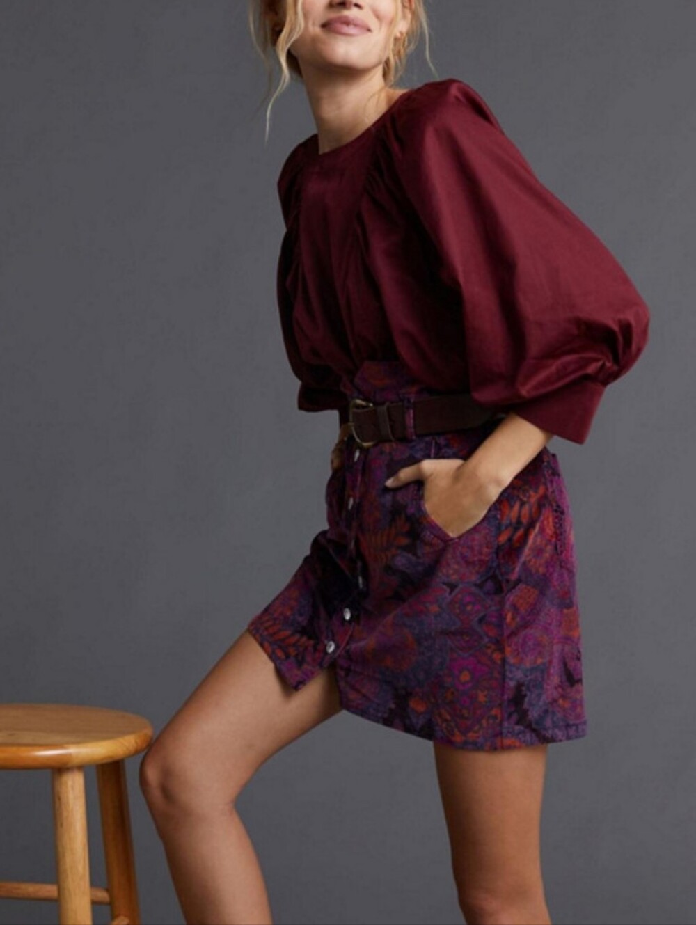 Anthropologie Purple Paisley Floral Pilcro Corduroy Mini Skirt